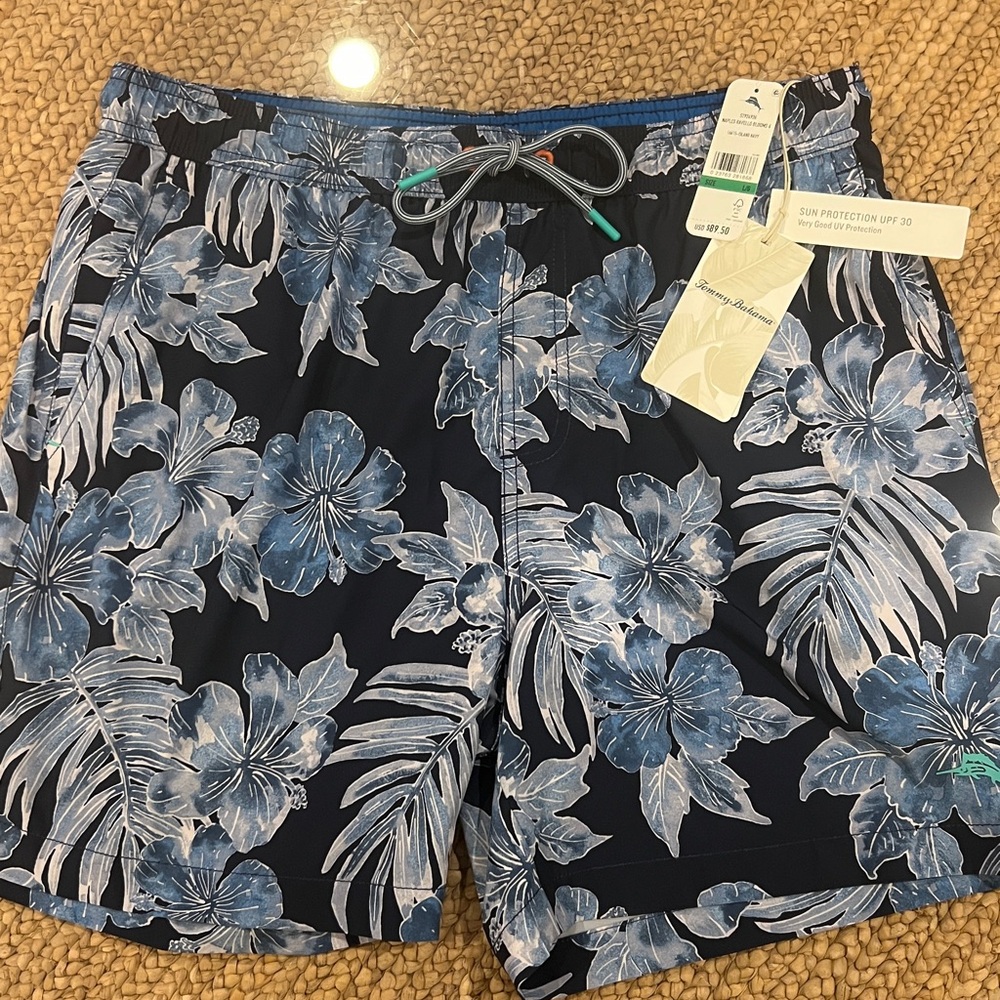 Tommy Bahama Log Men Sz L Bathing Suit Blue Hibiscus New w/Tags UPF 30